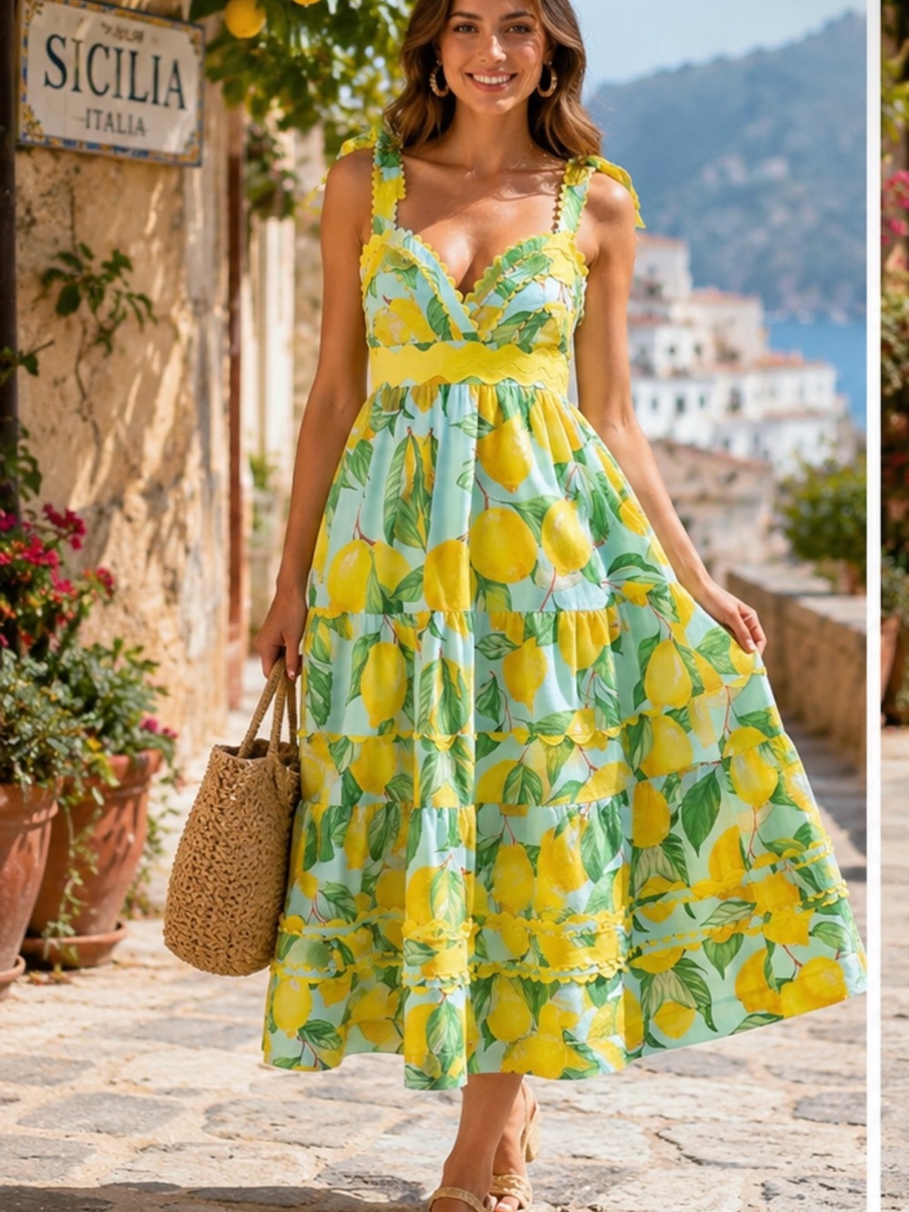 Lemon-Print Midi Sundress in Yellow and Green - V-Neck Tie-Strap